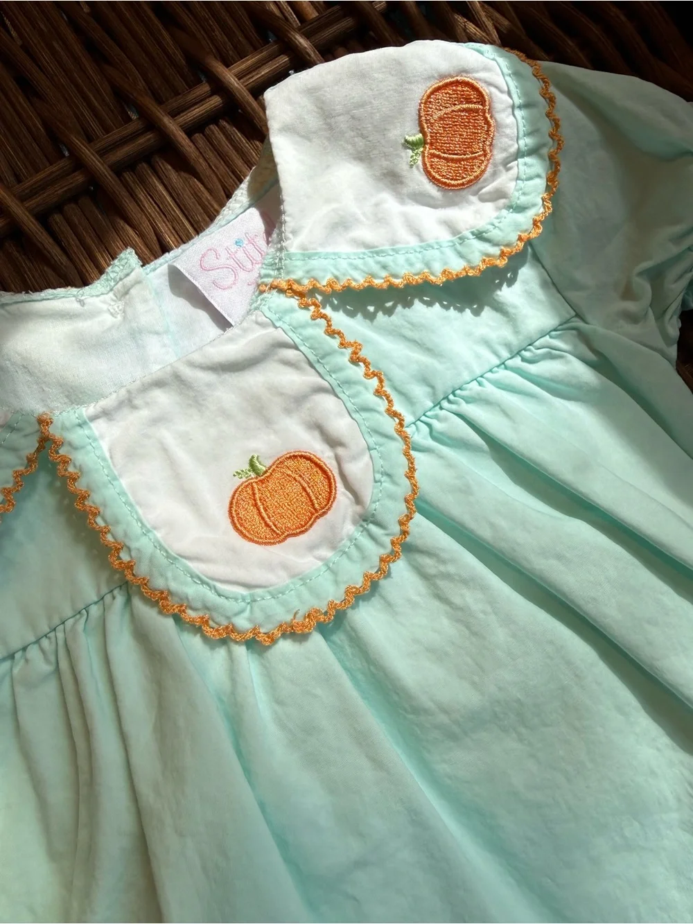 EUC Stitchy Fish Jane Be Little Pumpkin Embroidered Bubble in Mint Green 3M